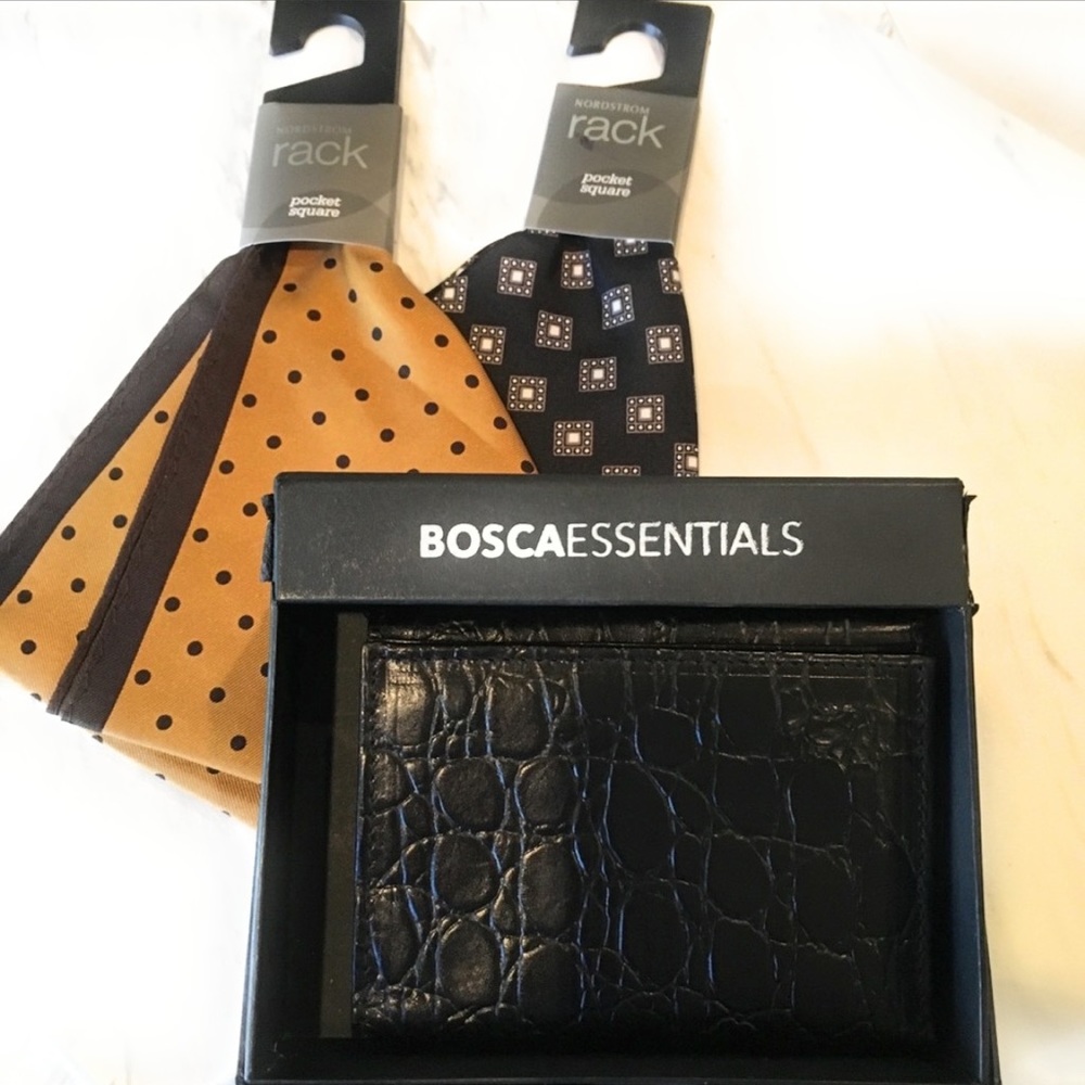 BOSCA TriFold Leather Wallet w 2 FREE Silk Squares